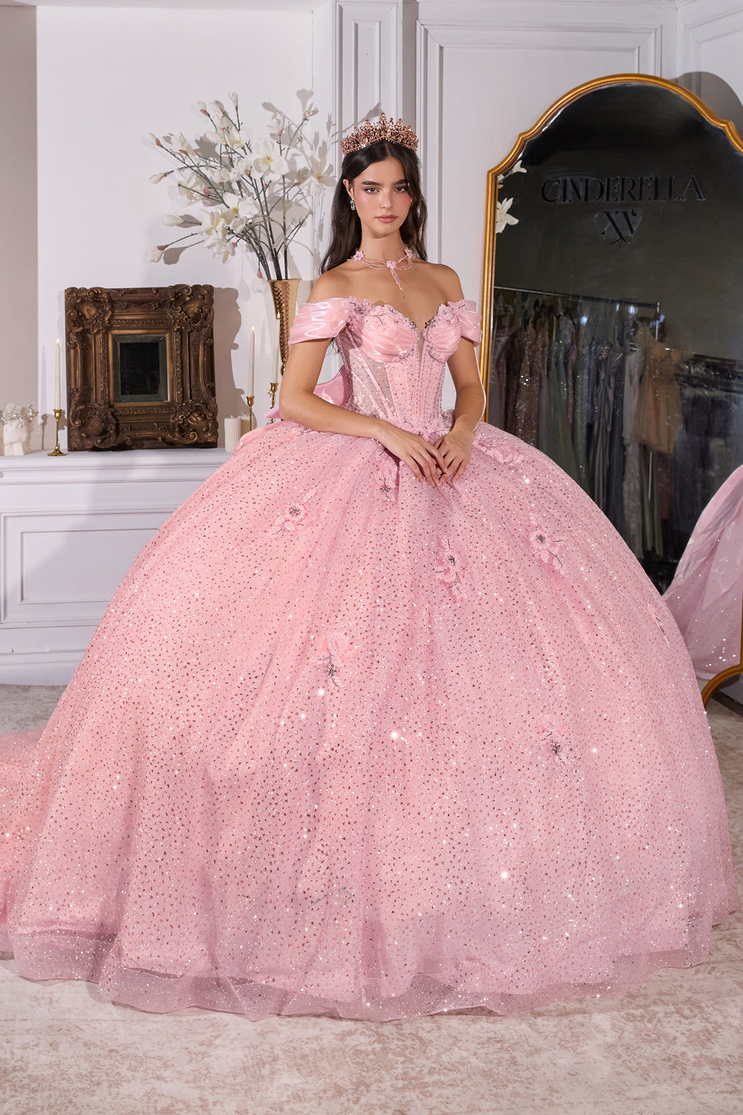 Off Shoulder Bow Ball Gown by Ladivine 15740