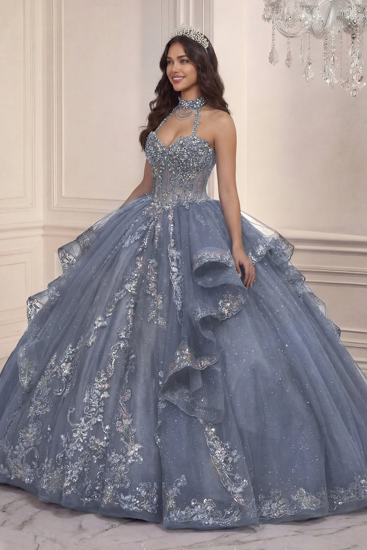 Beaded Halter Ruffled Ball Gown by Ladivine 15741