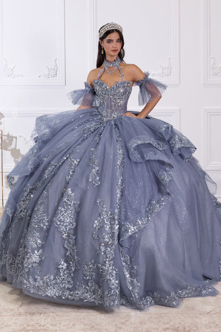 Beaded Halter Ruffled Ball Gown by Ladivine 15741