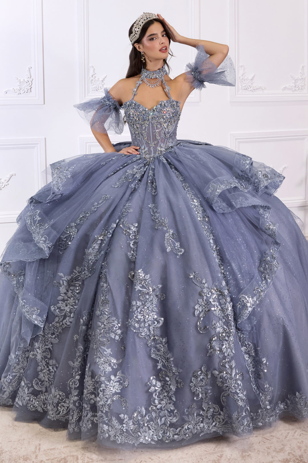 Beaded Halter Ruffled Ball Gown by Ladivine 15741