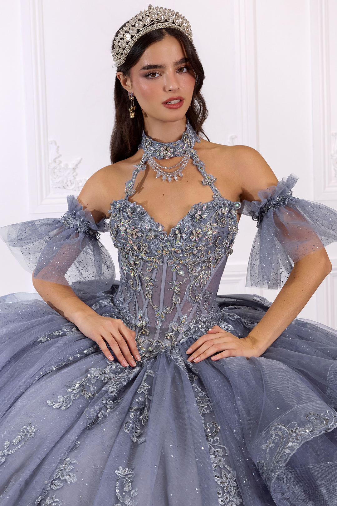 Beaded Halter Ruffled Ball Gown by Ladivine 15741