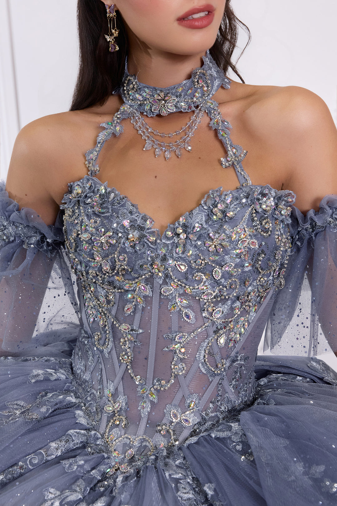 Beaded Halter Ruffled Ball Gown by Ladivine 15741