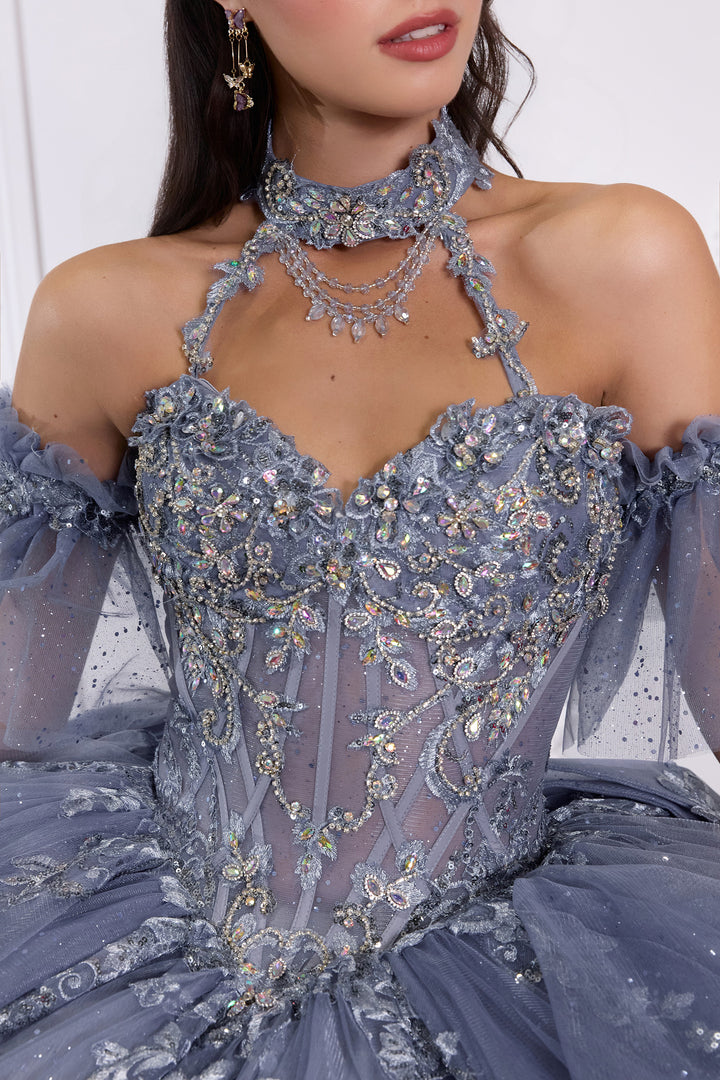 Beaded Halter Ruffled Ball Gown by Ladivine 15741