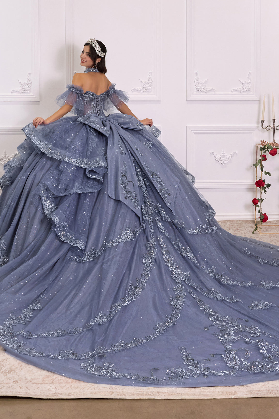 Beaded Halter Ruffled Ball Gown by Ladivine 15741