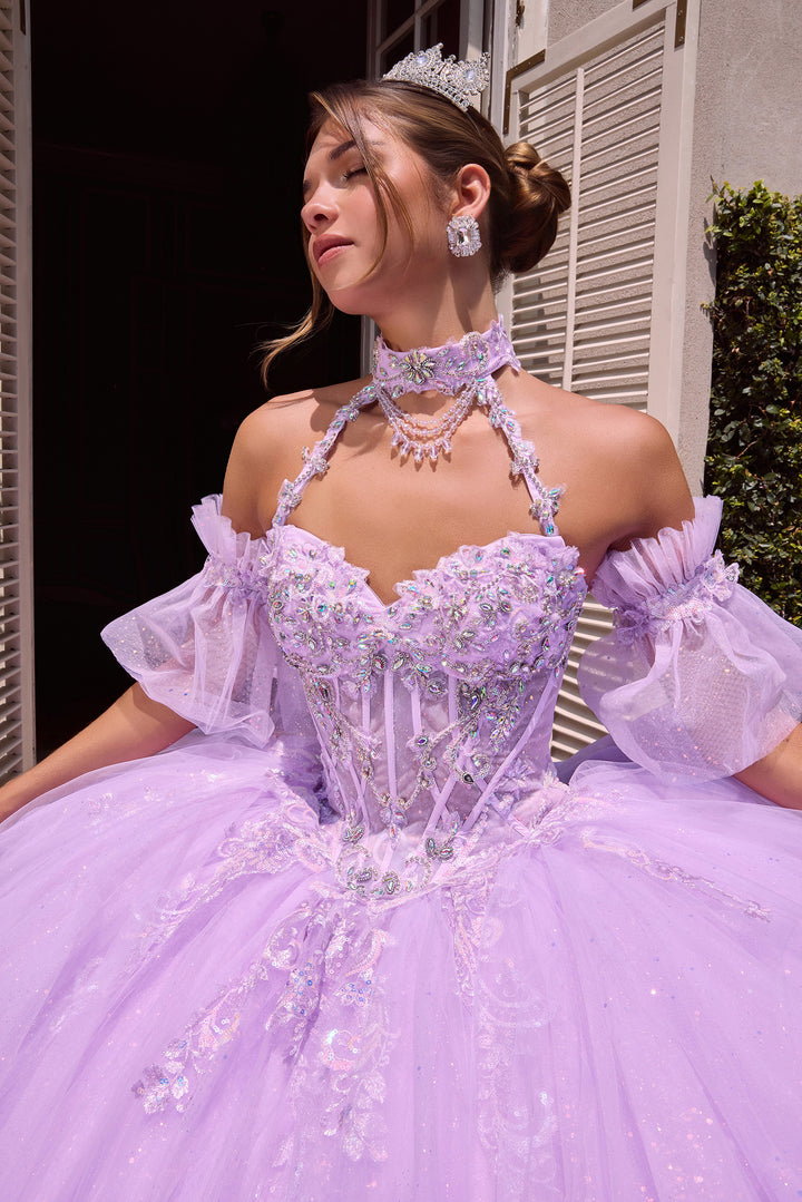 Beaded Halter Ruffled Ball Gown by Ladivine 15741