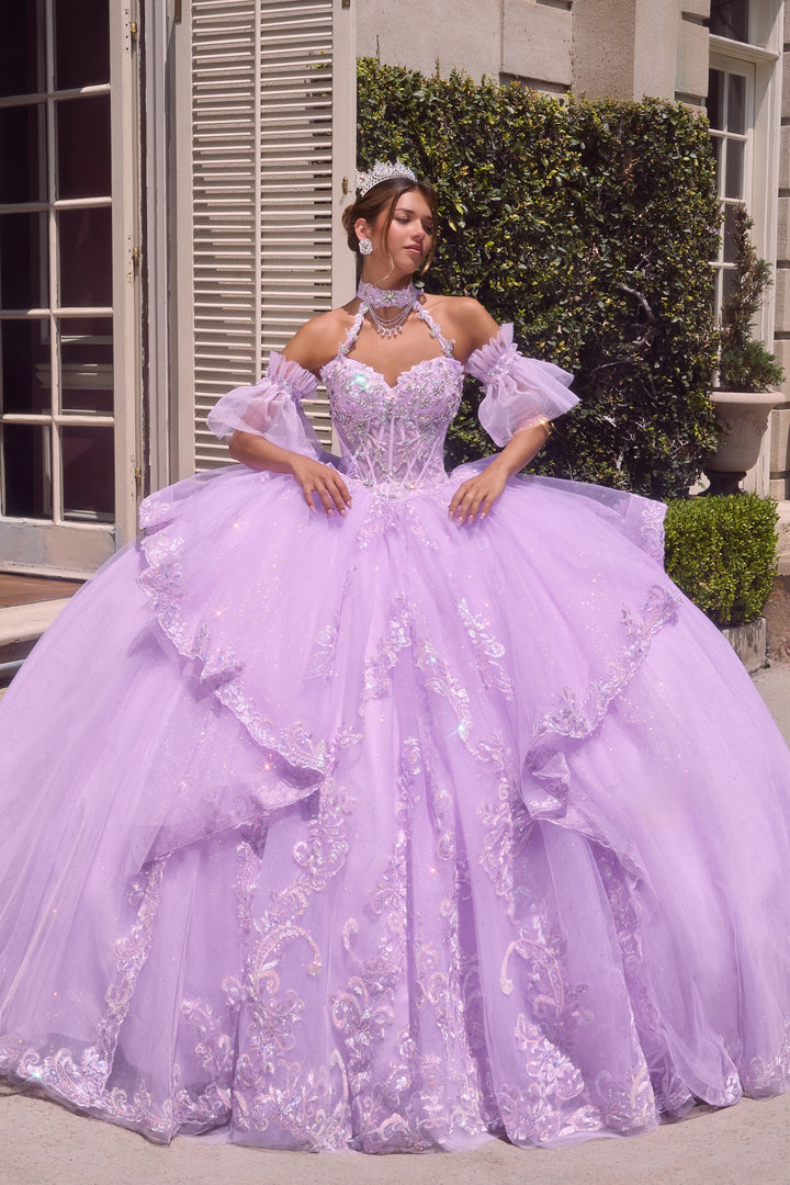 Beaded Halter Ruffled Ball Gown by Ladivine 15741