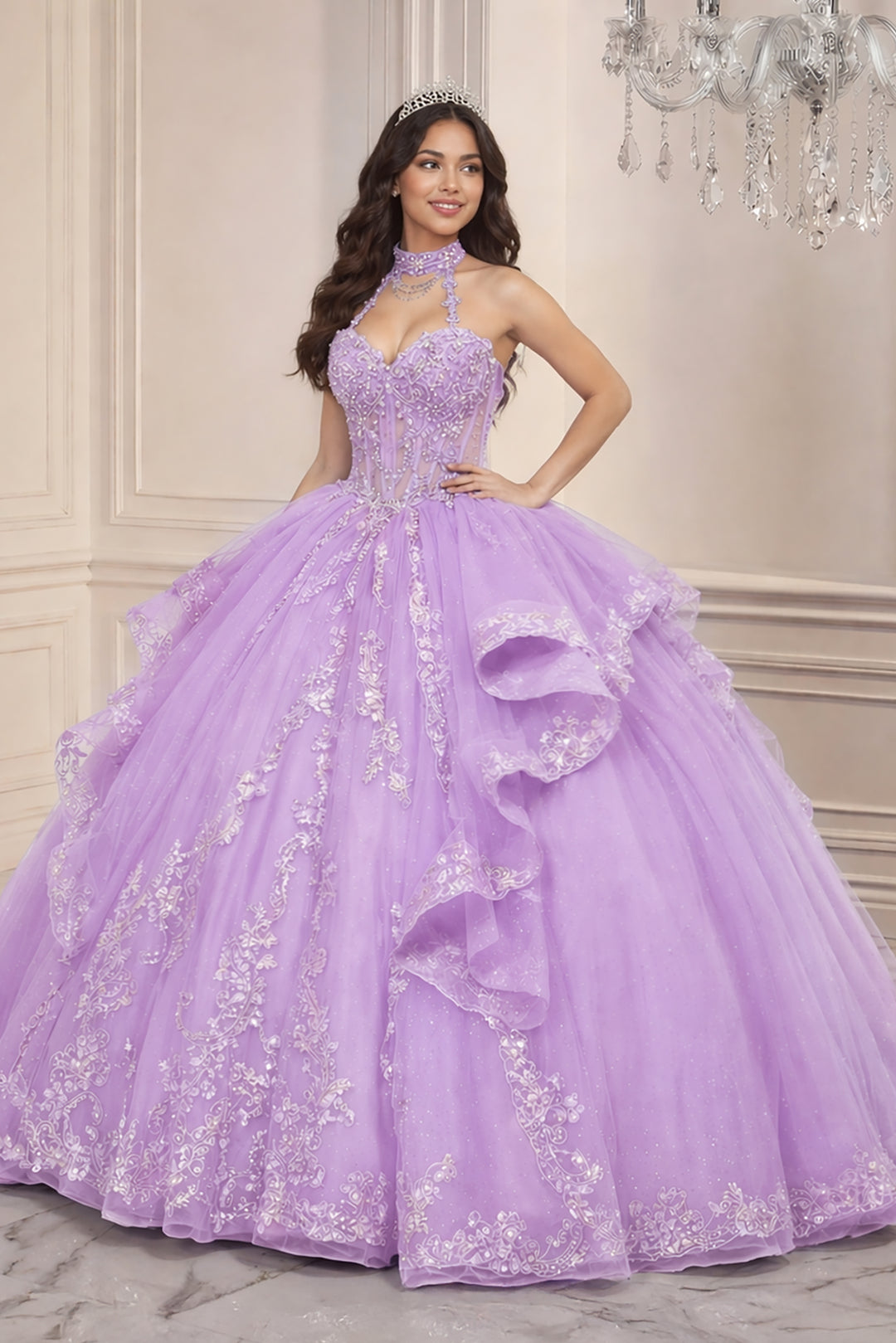Beaded Halter Ruffled Ball Gown by Ladivine 15741