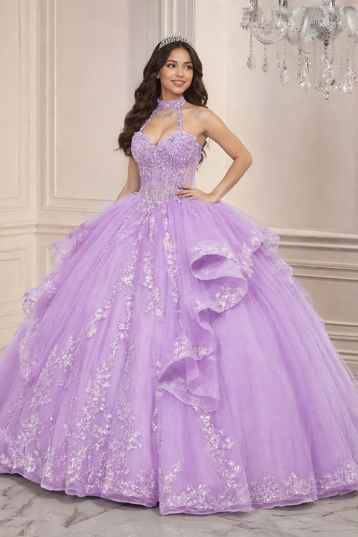 Beaded Halter Ruffled Ball Gown by Ladivine 15741