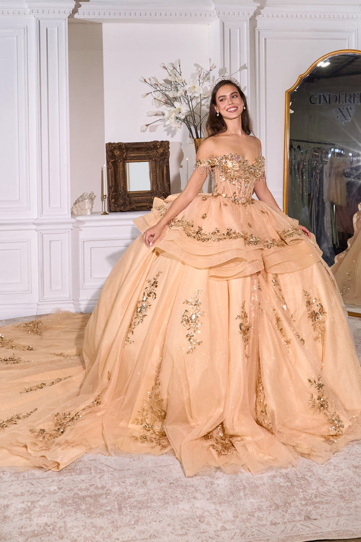 Off Shoulder Ruffled Ball Gown by Ladivine 15746