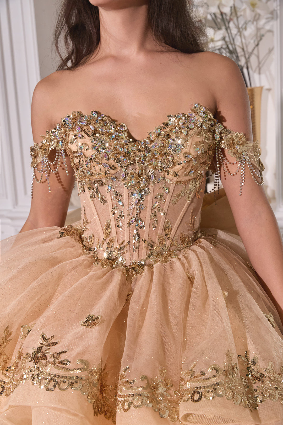 Off Shoulder Ruffled Ball Gown by Ladivine 15746