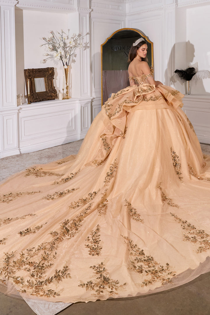 Off Shoulder Ruffled Ball Gown by Ladivine 15746