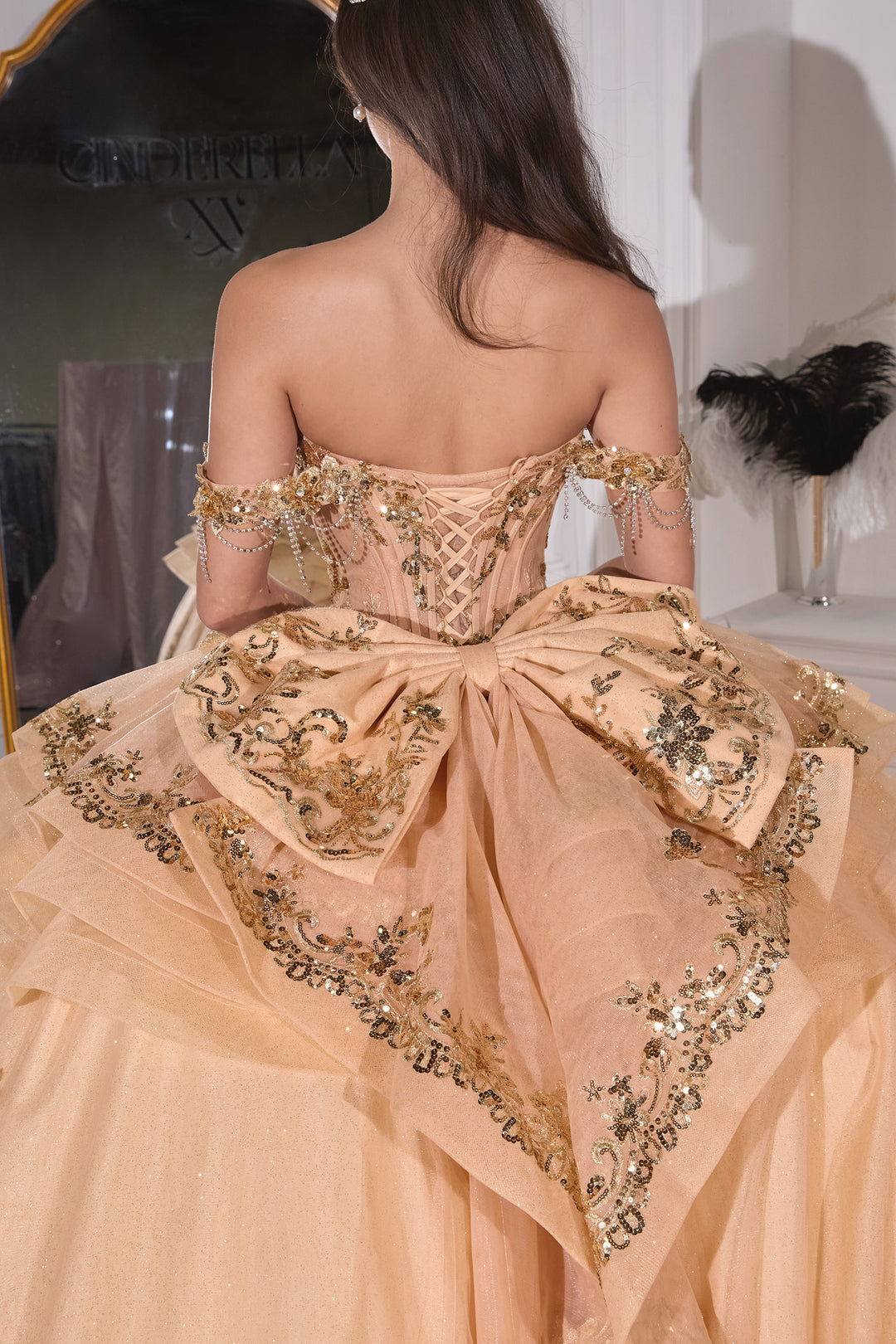 Off Shoulder Ruffled Ball Gown by Ladivine 15746