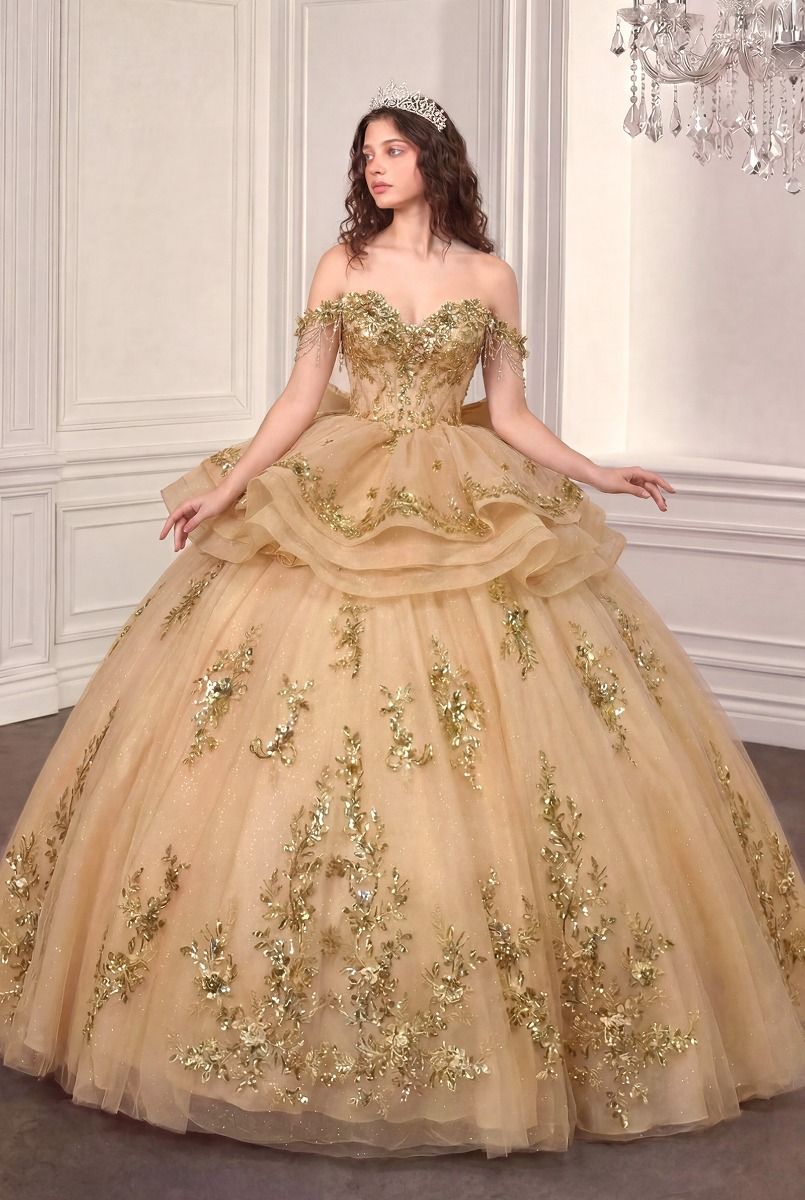 Off Shoulder Ruffled Ball Gown by Ladivine 15746