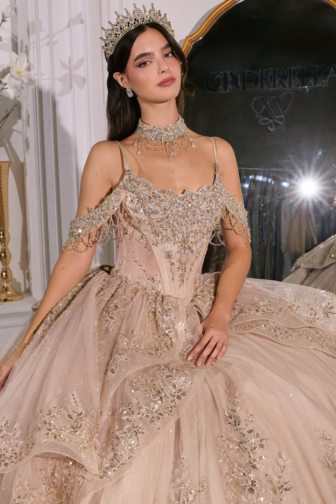 Cold Shoulder Layered Ball Gown by Ladivine 15748