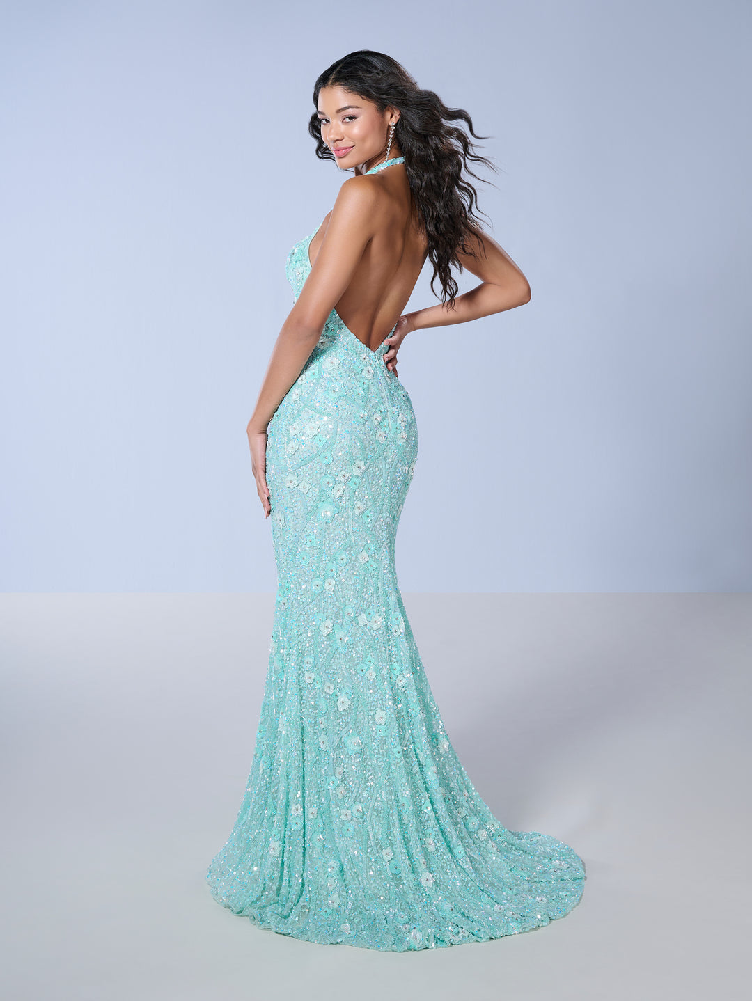 Floral Beaded Fitted Halter Gown by Tiffany Designs 16141