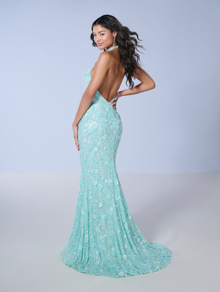 Floral Beaded Fitted Halter Gown by Tiffany Designs 16141