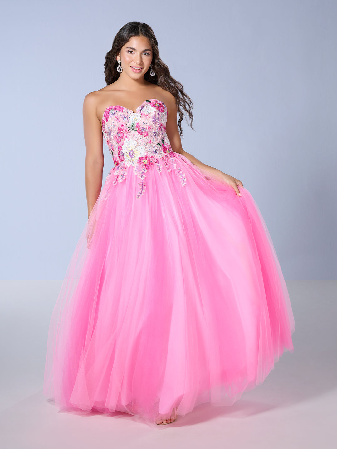 Floral Embroidered Strapless Gown by Tiffany Designs 16142
