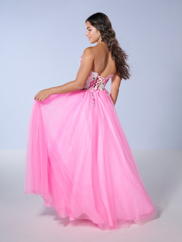 Floral Embroidered Strapless Gown by Tiffany Designs 16142