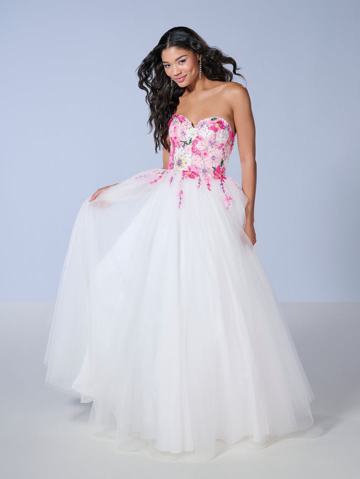 Floral Embroidered Strapless Gown by Tiffany Designs 16142