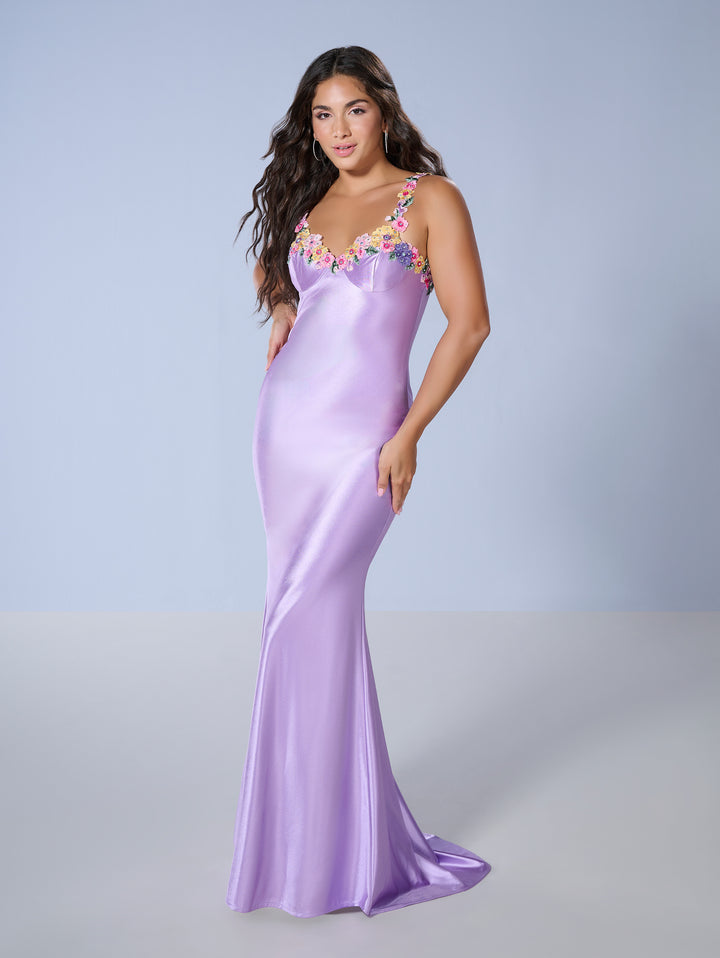 Floral Applique Jersey Gown by Tiffany Designs 16145