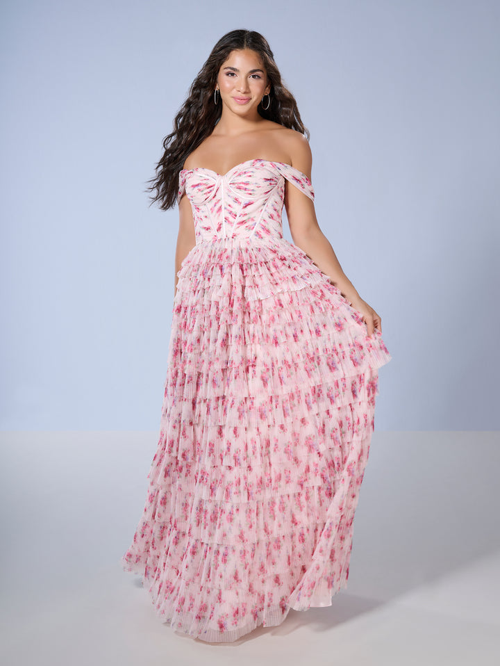 Floral Print Off Shoulder Gown by Tiffany Designs 16153