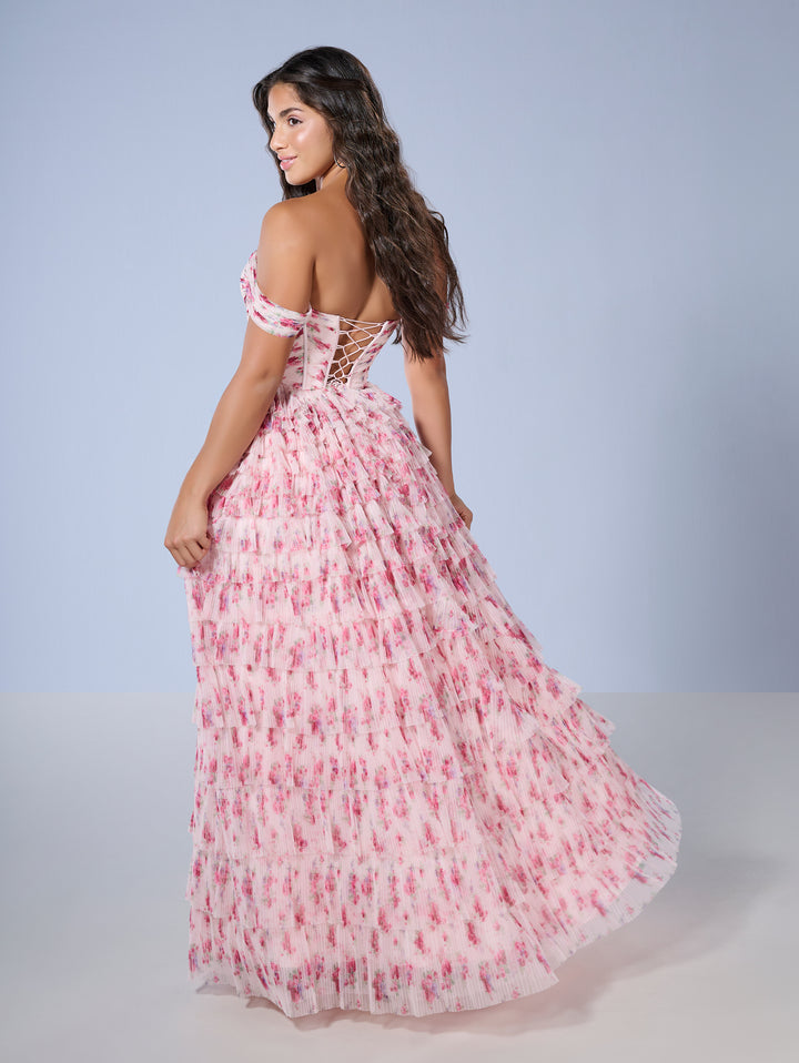 Floral Print Off Shoulder Gown by Tiffany Designs 16153