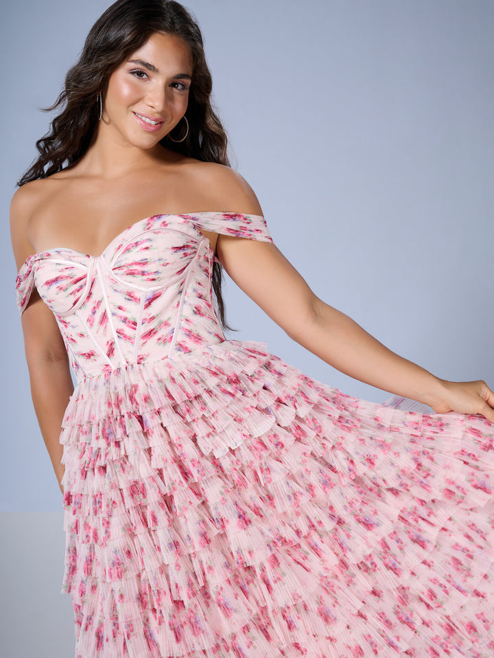 Floral Print Off Shoulder Gown by Tiffany Designs 16153