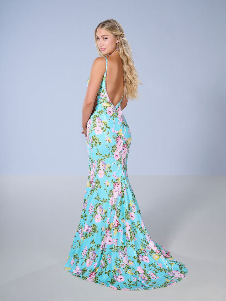Floral Print Sleeveless Slit Gown by Tiffany Designs 16155