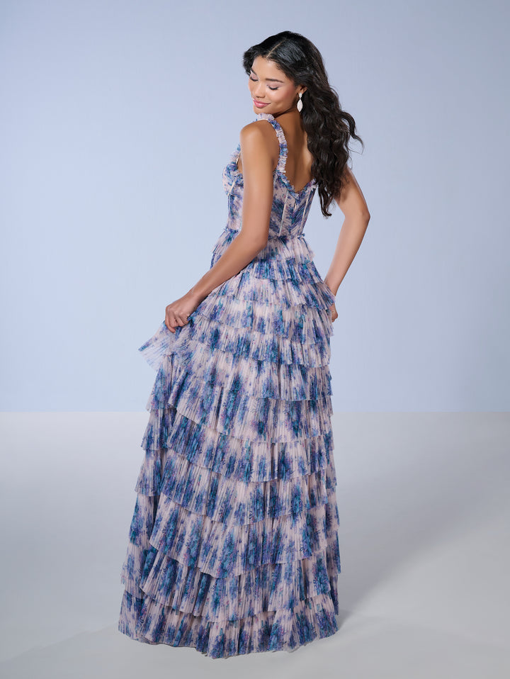 Floral Print Sleeveless Tiered Gown by Tiffany Designs 16160