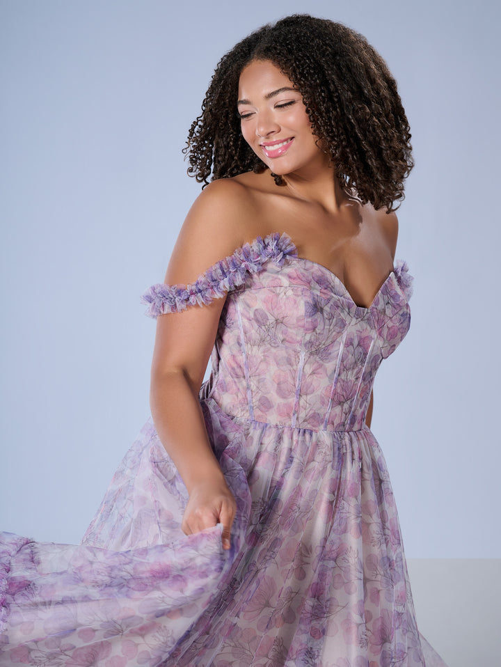 Curvy Floral Print Corset Gown by Tiffany Designs 16162