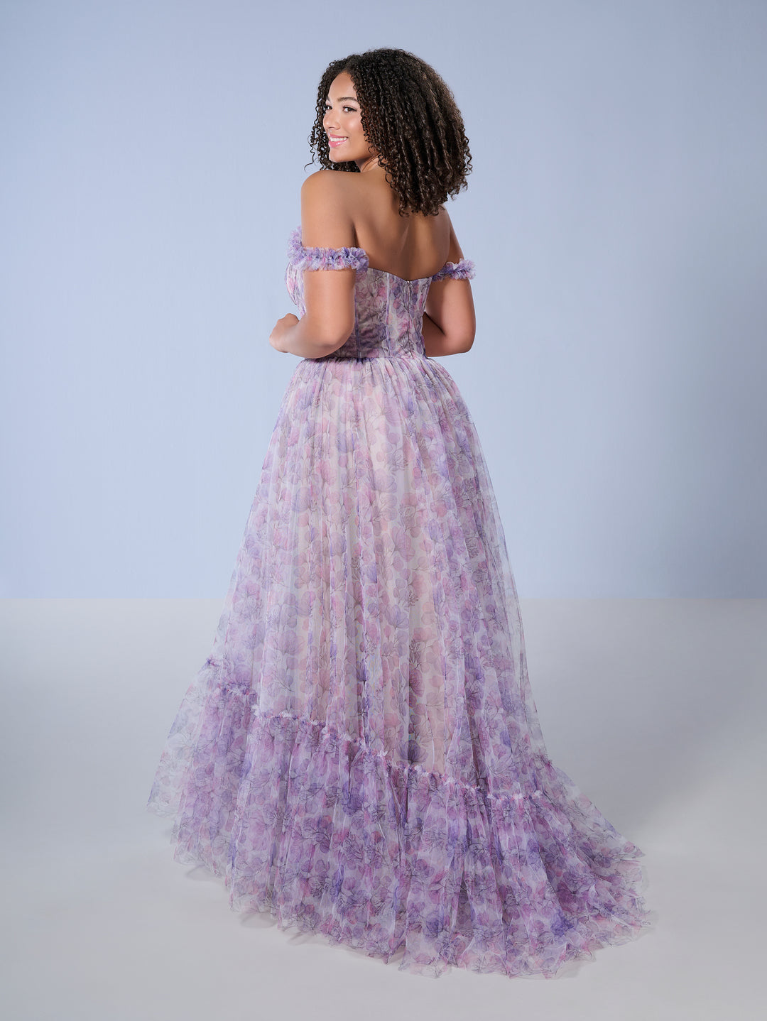 Curvy Floral Print Corset Gown by Tiffany Designs 16162