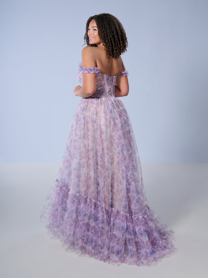 Curvy Floral Print Corset Gown by Tiffany Designs 16162