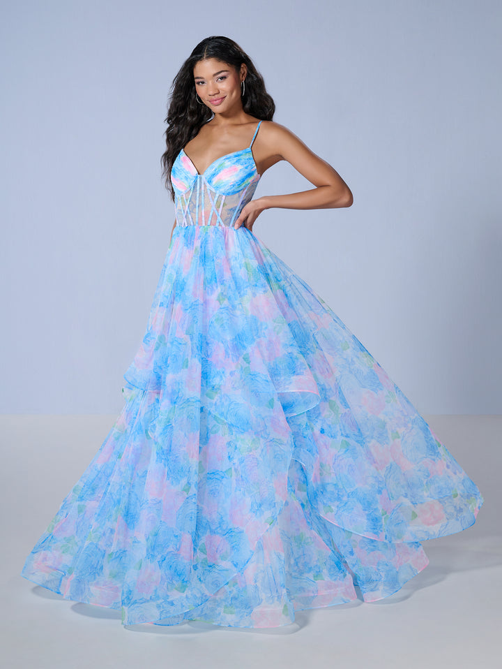 Floral Print Layered Gown by Tiffany Designs 16163