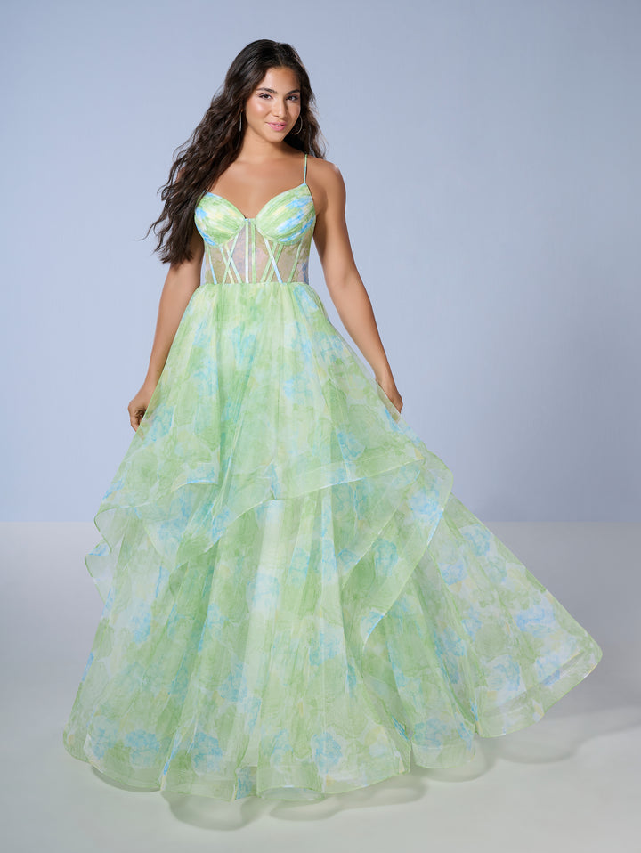 Floral Print Layered Gown by Tiffany Designs 16163