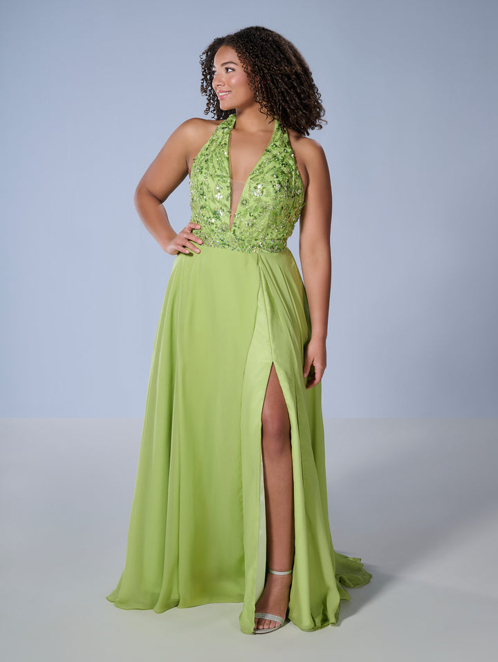 Curvy Chiffon Halter Slit Gown by Tiffany Designs 16167