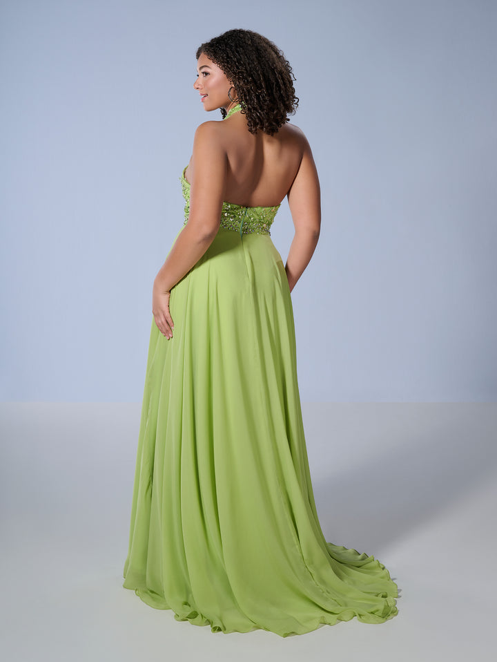 Curvy Chiffon Halter Slit Gown by Tiffany Designs 16167
