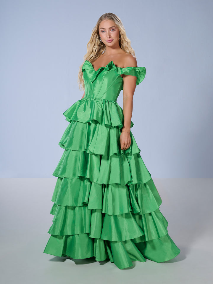 Taffeta Off Shoulder Tiered Gown by Tiffany Designs 16175