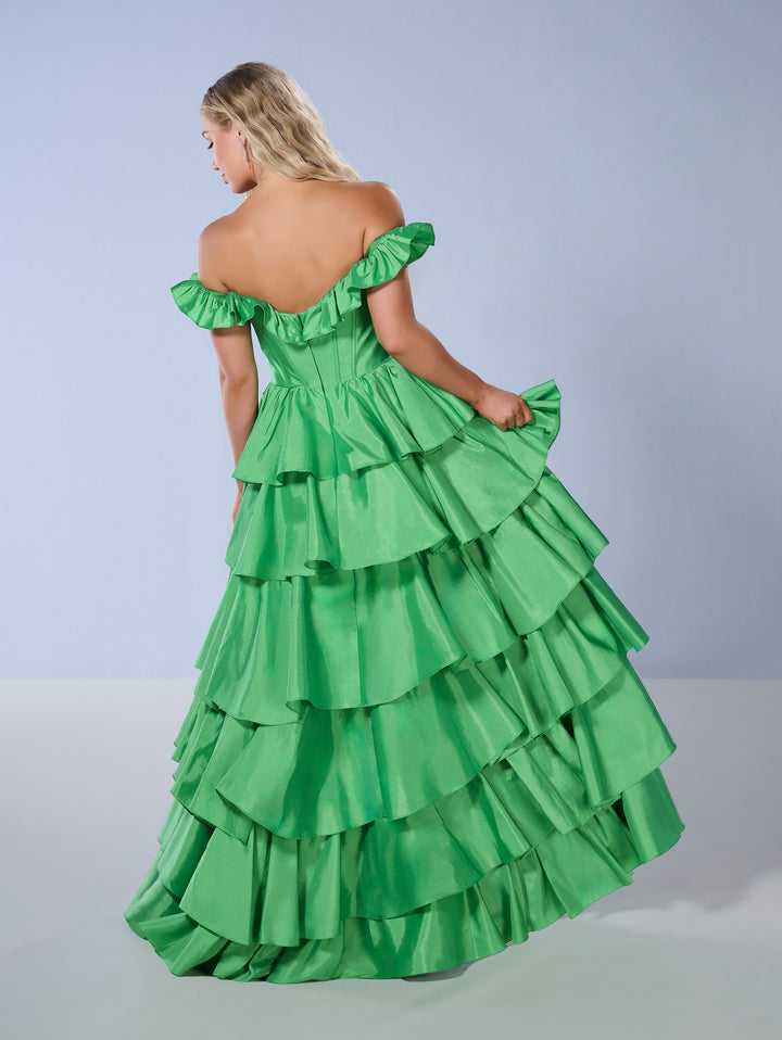Taffeta Off Shoulder Tiered Gown by Tiffany Designs 16175