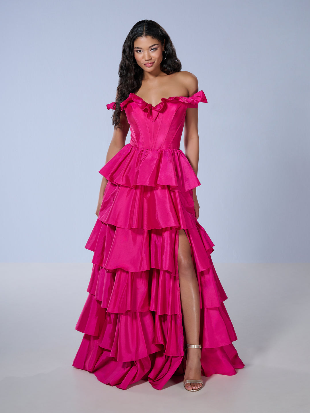 Taffeta Off Shoulder Tiered Gown by Tiffany Designs 16175