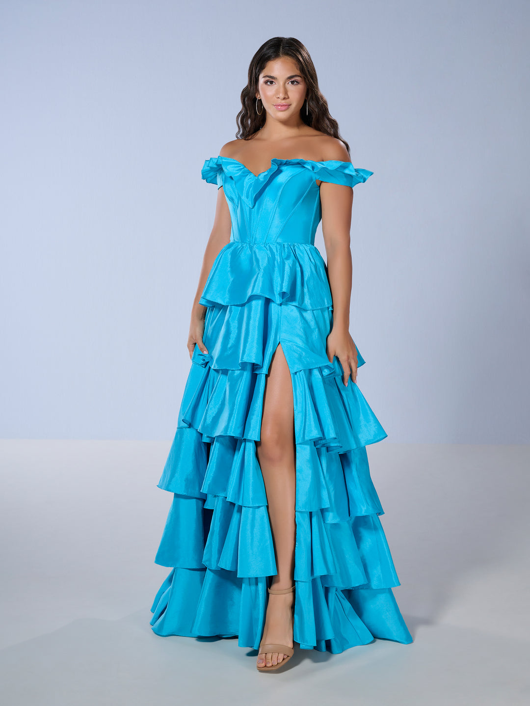 Taffeta Off Shoulder Tiered Gown by Tiffany Designs 16175