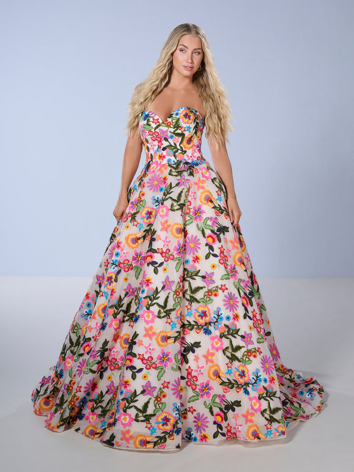Floral Print Strapless Gown by Tiffany Designs 16176