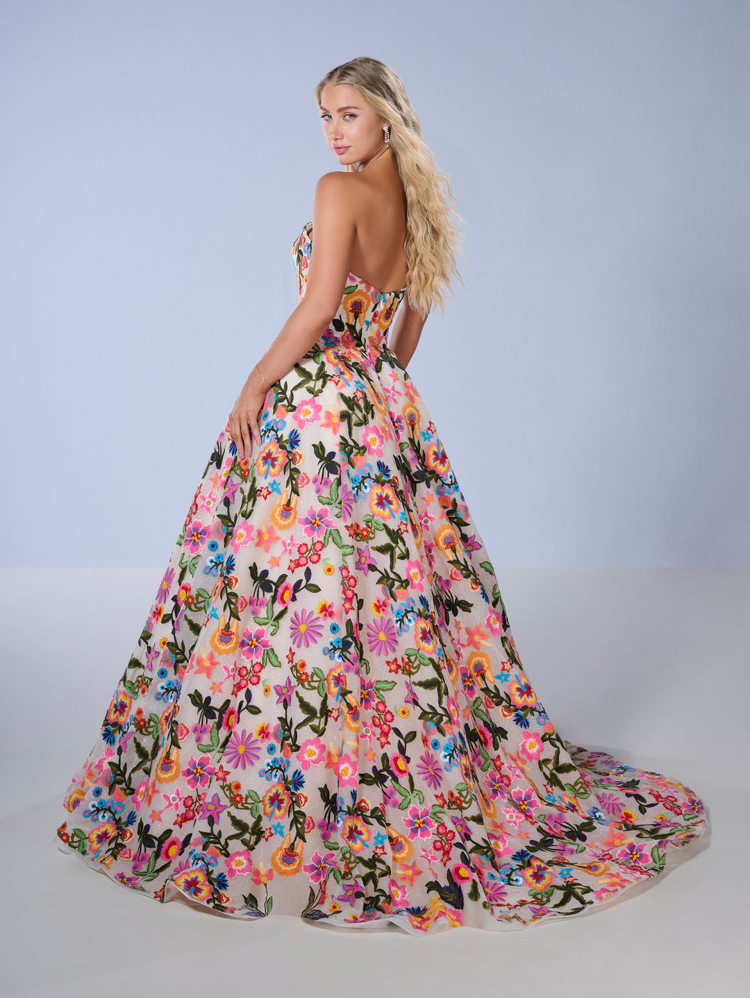 Floral Print Strapless Gown by Tiffany Designs 16176