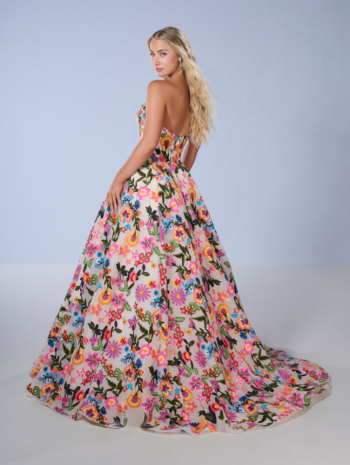 Floral Print Strapless Gown by Tiffany Designs 16176