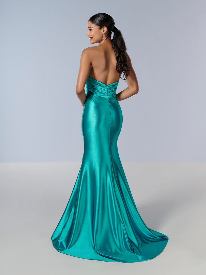 Jersey Fitted Strapless Slit Gown by Tiffany Designs 16182