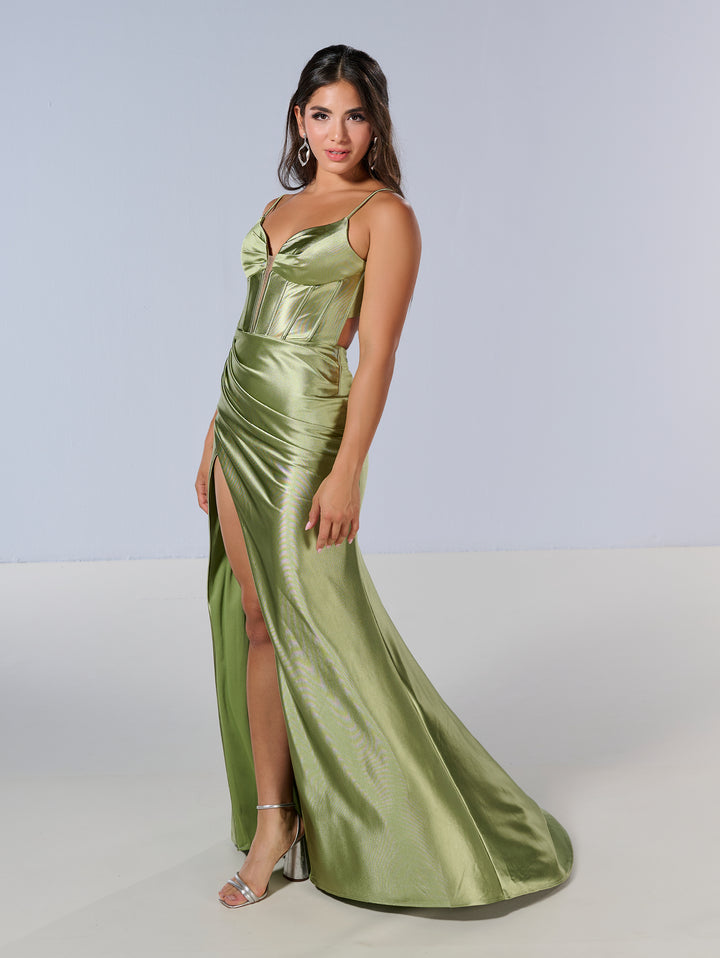 Jersey Fitted Corset Slit Gown by Tiffany Designs 16185
