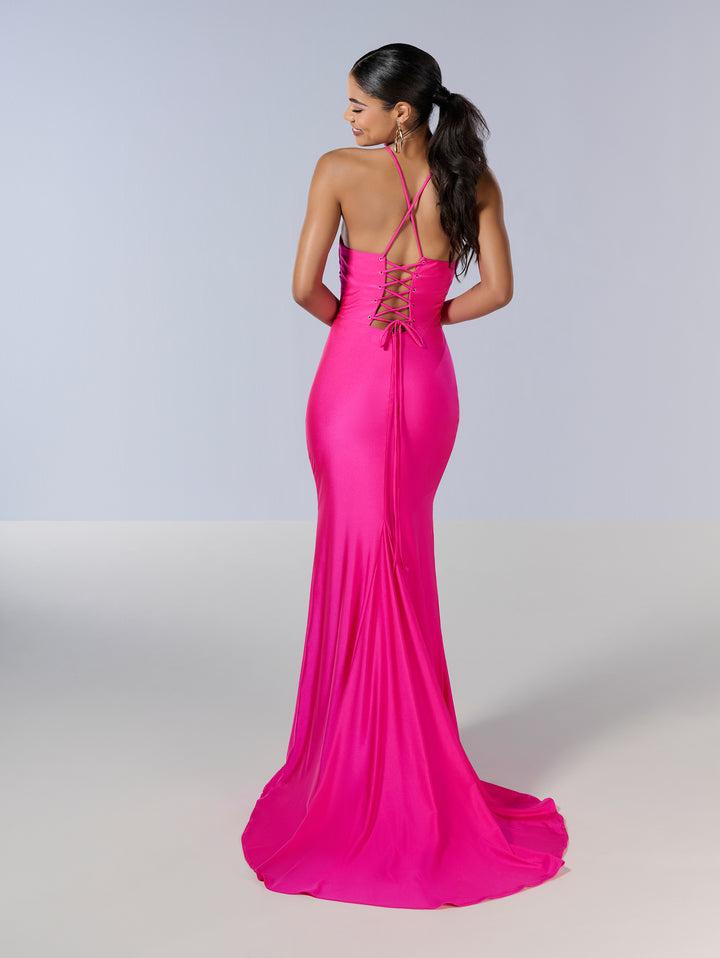 Jersey Fitted Halter Slit Gown by Tiffany Designs 16187