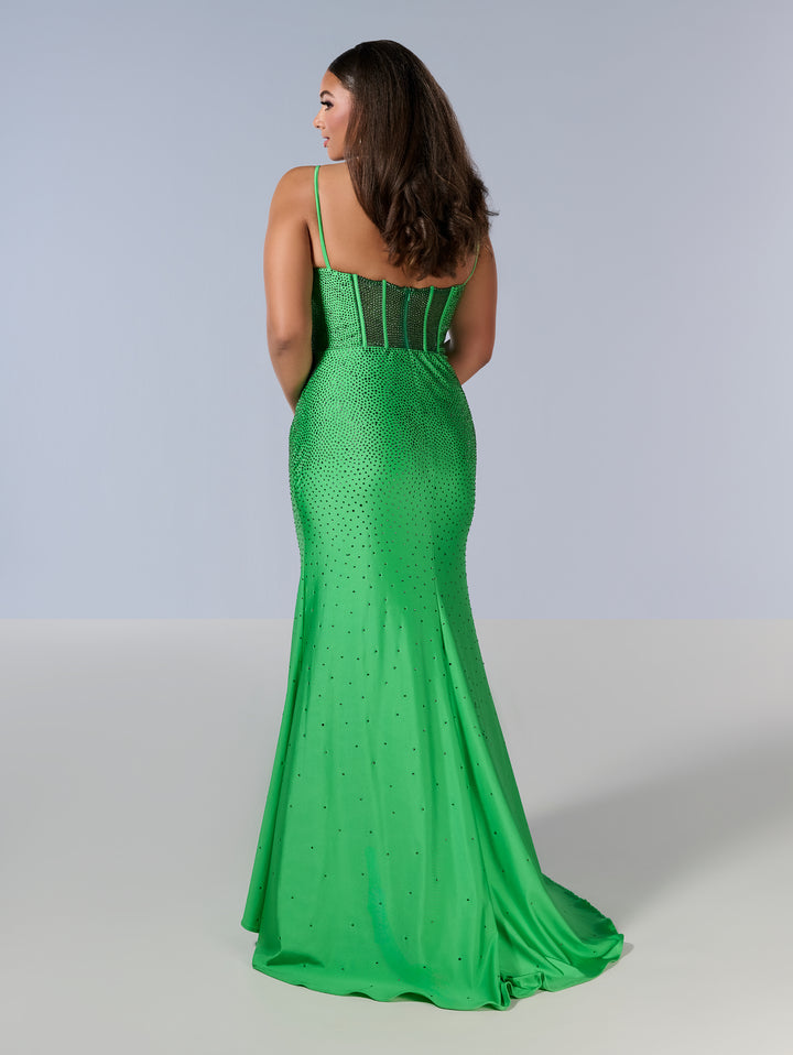 Curvy Fitted V-Neck Slit Gown by Tiffany Designs 16194