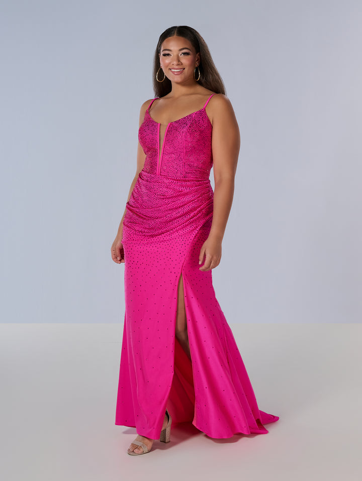 Curvy Fitted V-Neck Slit Gown by Tiffany Designs 16194