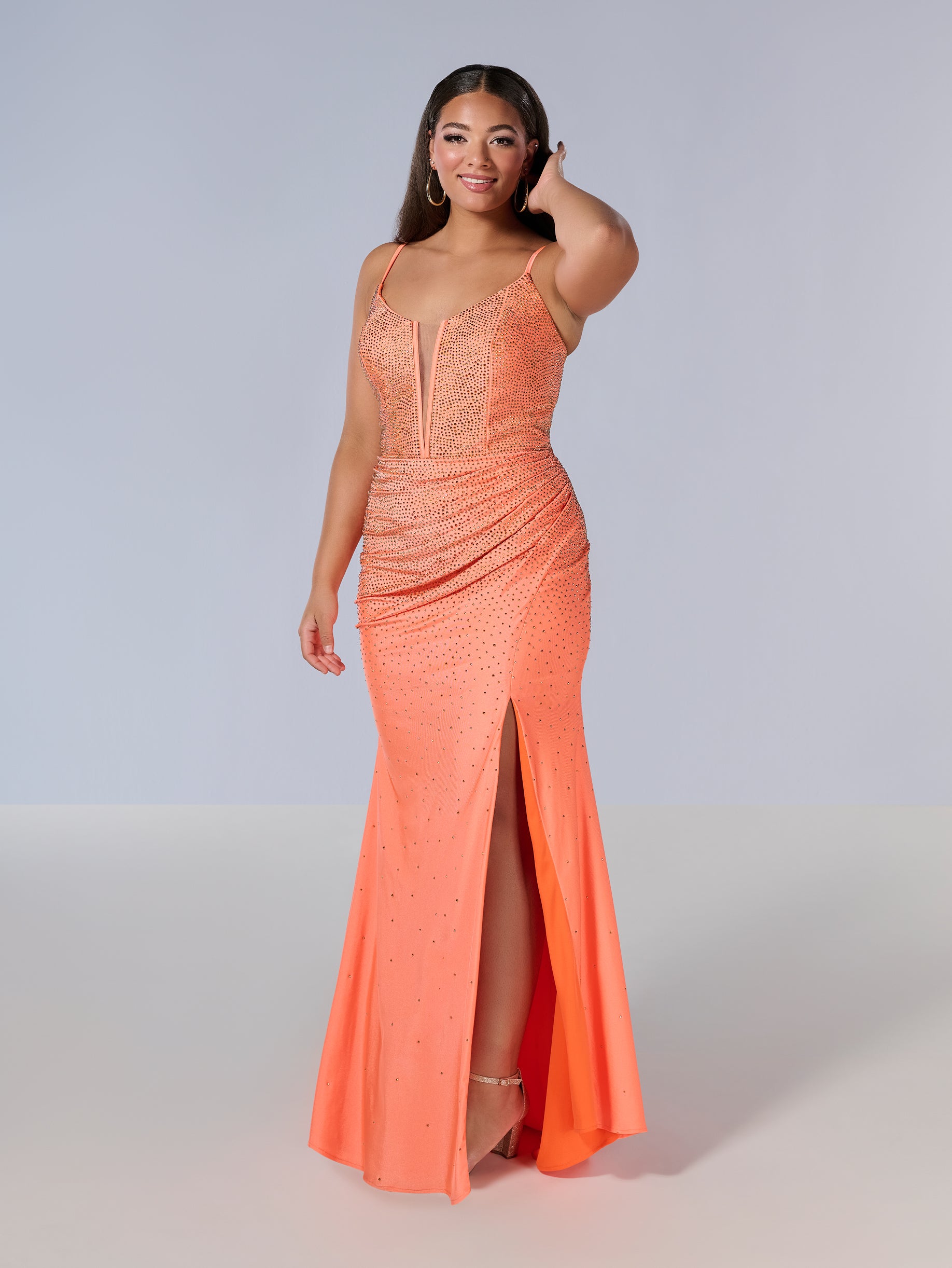 Curvy Fitted V-Neck Slit Gown by Tiffany Designs 16194 – ABC