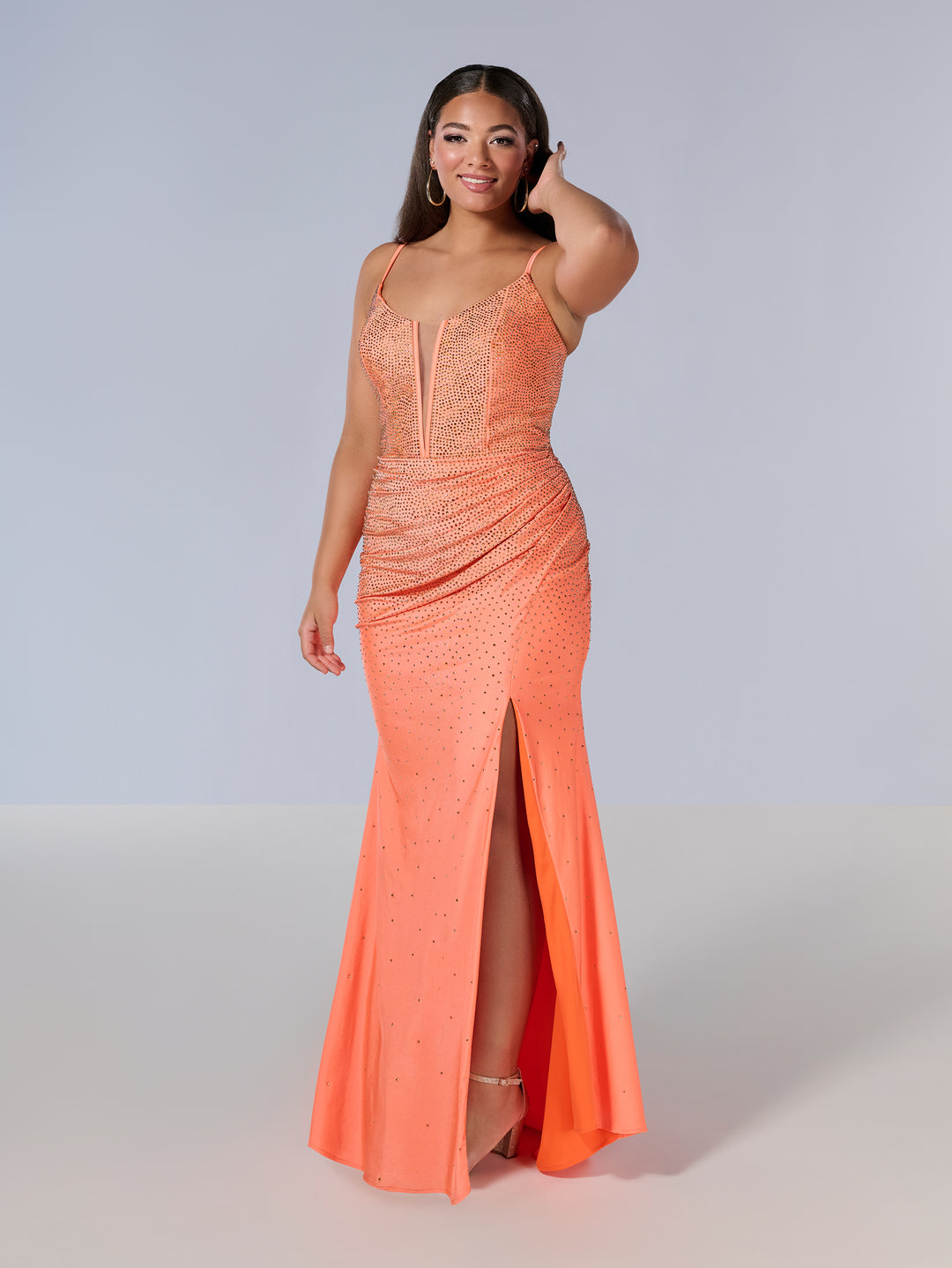 Curvy Fitted V-Neck Slit Gown by Tiffany Designs 16194